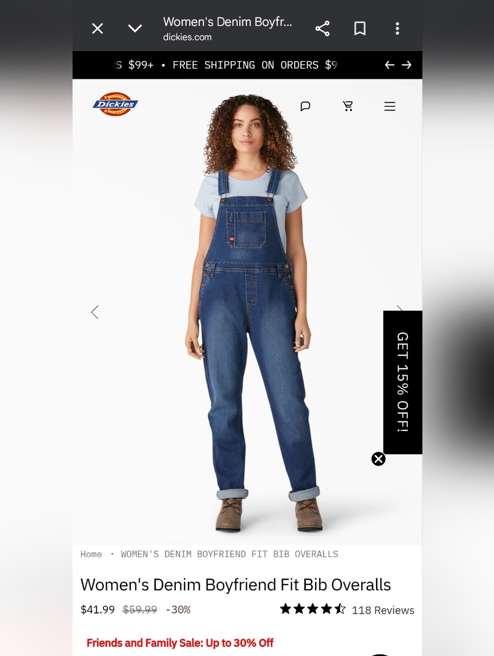 Dickies Women Boyfriend Bib Overalls Dark Wash Denim Stretch Size M NWT